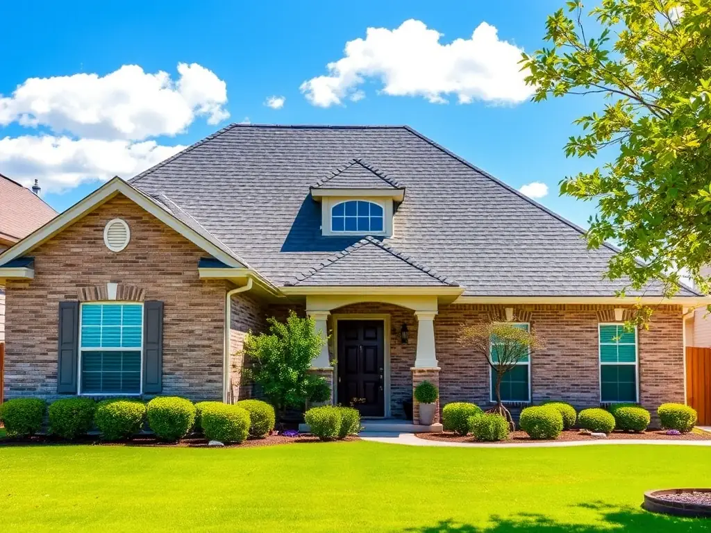 A residential home in San Antonio with a newly installed asphalt shingle roof, showcasing the quality and aesthetic appeal of Long View Roofing's residential roofing services.