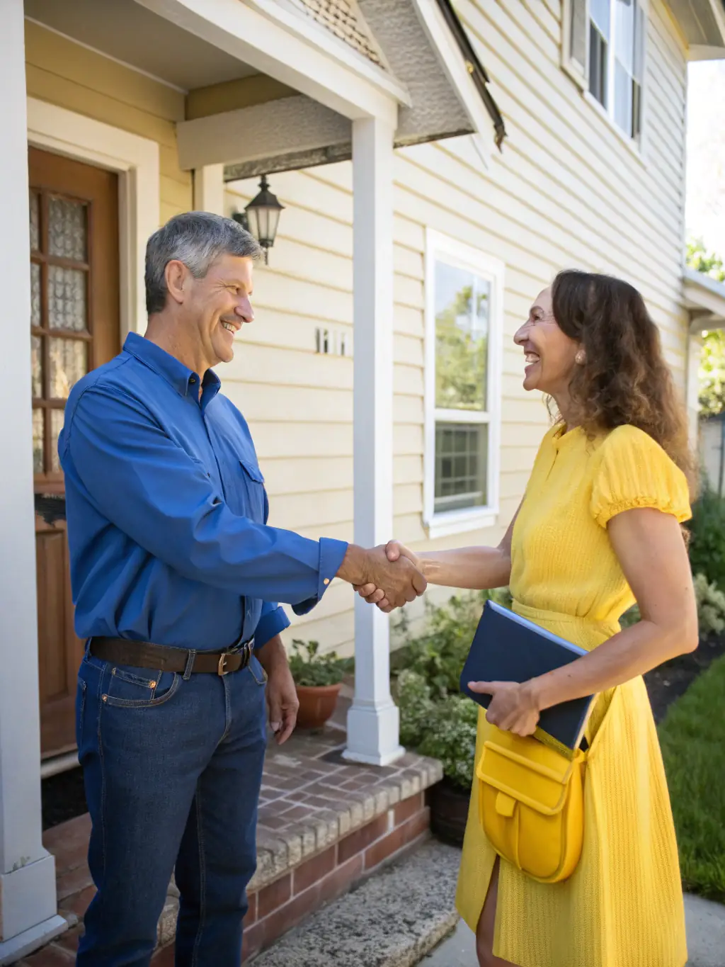 A smiling Long View Roofing San Antonio customer shaking hands with a project manager after a successful roof replacement, illustrating customer satisfaction and trust.