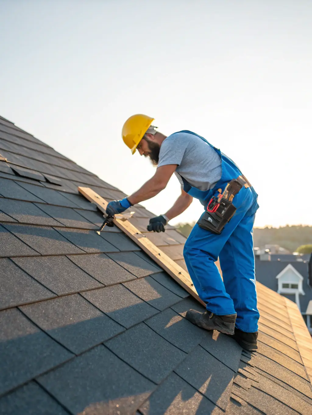 A close-up shot of a Long View Roofing San Antonio technician expertly installing shingles on a residential roof, showcasing their attention to detail and craftsmanship.
