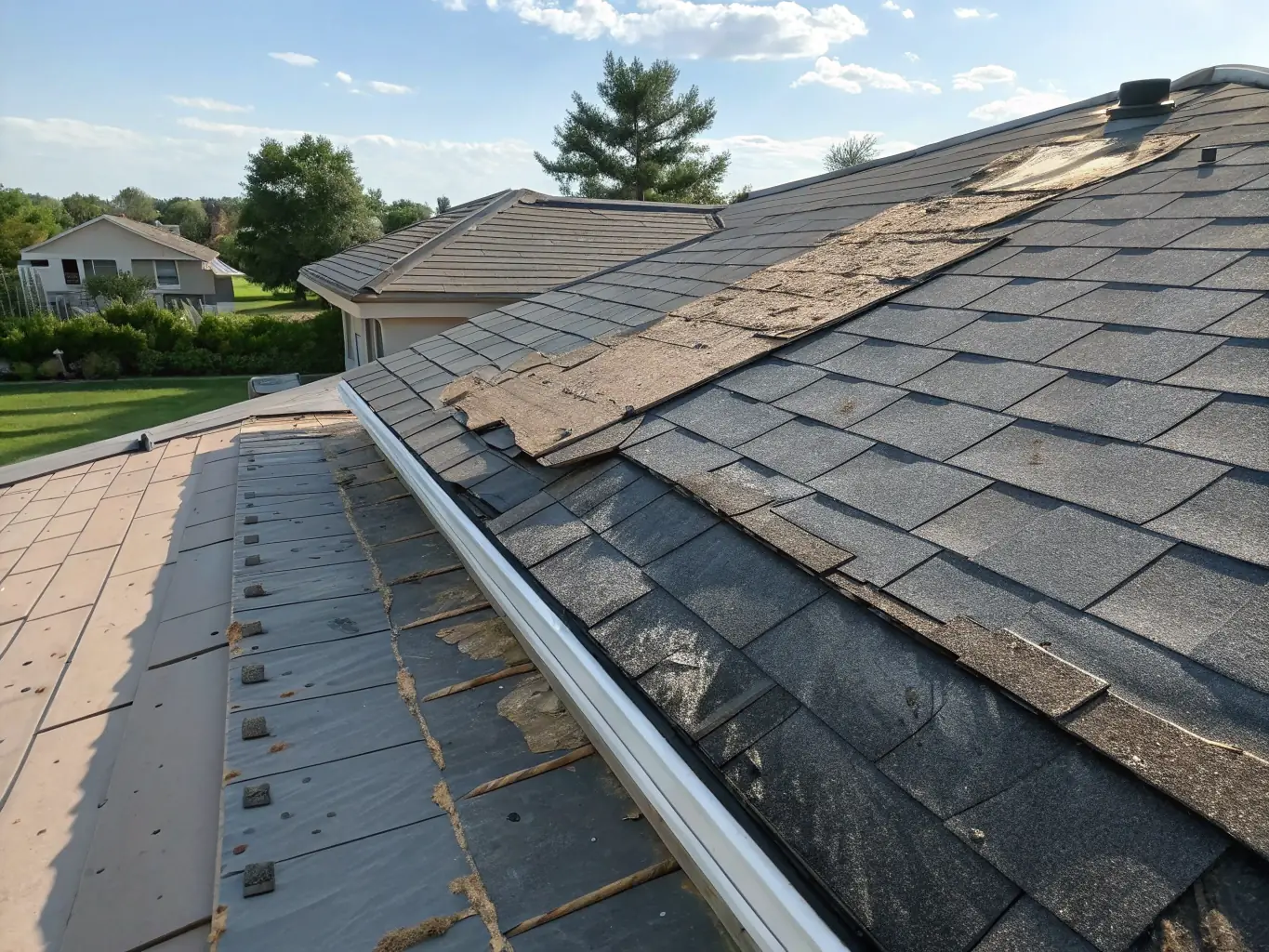 A residential roof with a section repaired, showcasing the quality of Long View Roofing's repair work.